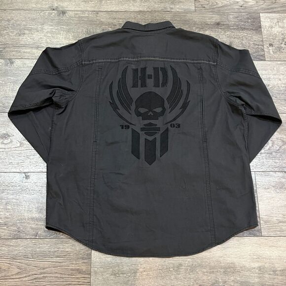 Harley Davidson 2014 Black Denim Embroidered Skull Logo Shirt Black - Men's 2XL - Picture 1 of 10